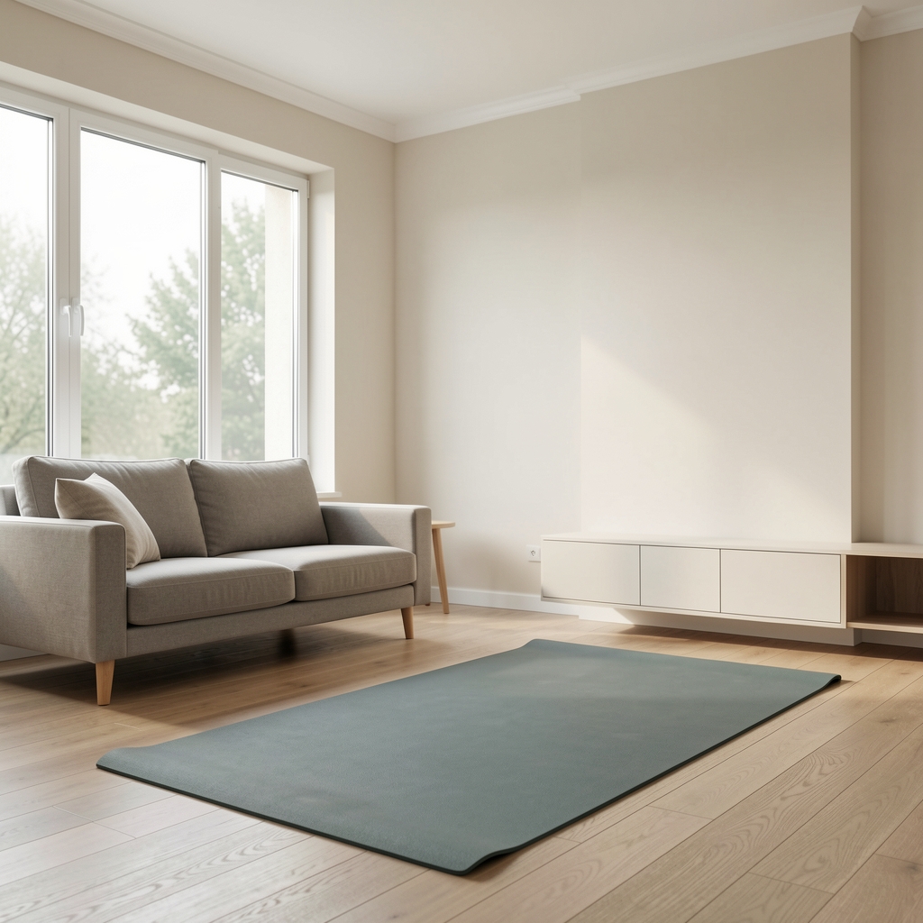 A calm, well-organised home training space with a yoga mat, minimal furnishing, and large windows letting in diffused natural daylight