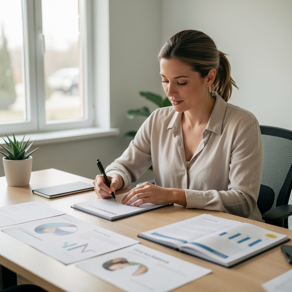 Qualified wellness professional reviewing session notes at a desk with natural light and movement documentation spread across the surface