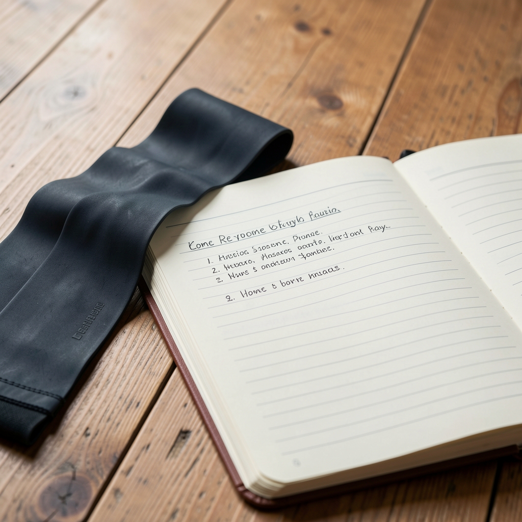 Close-up of a resistance band and open notebook showing session plan for a home workout routine, on a wooden floor