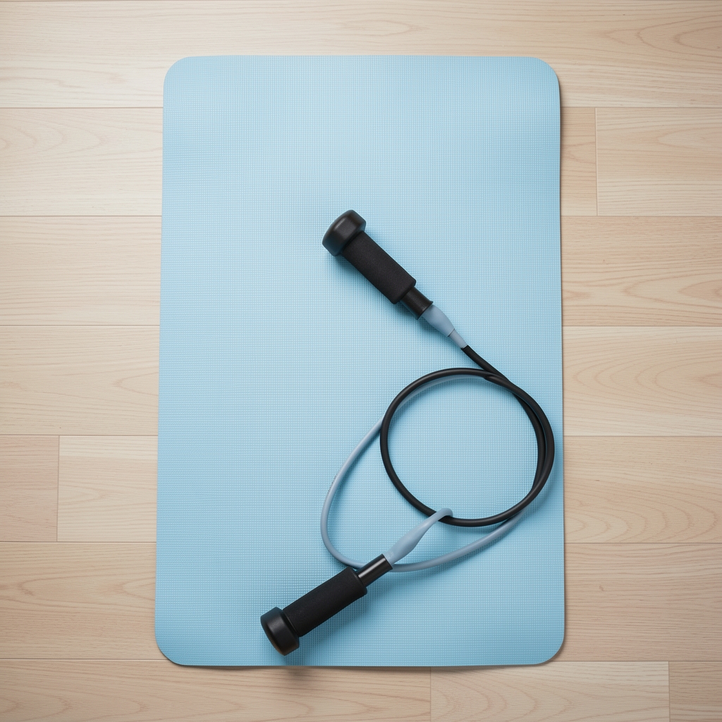 Clean, minimal home workout space with a light blue yoga mat and one resistance band, photographed from above with consistent studio lighting