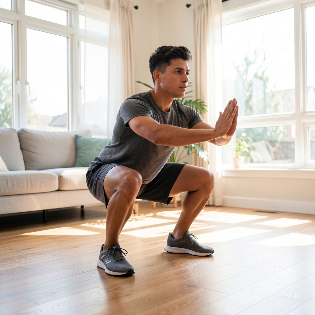 Person performing a focused bodyweight squat in a bright, well-lit home living space with wooden flooring and natural light from large windows