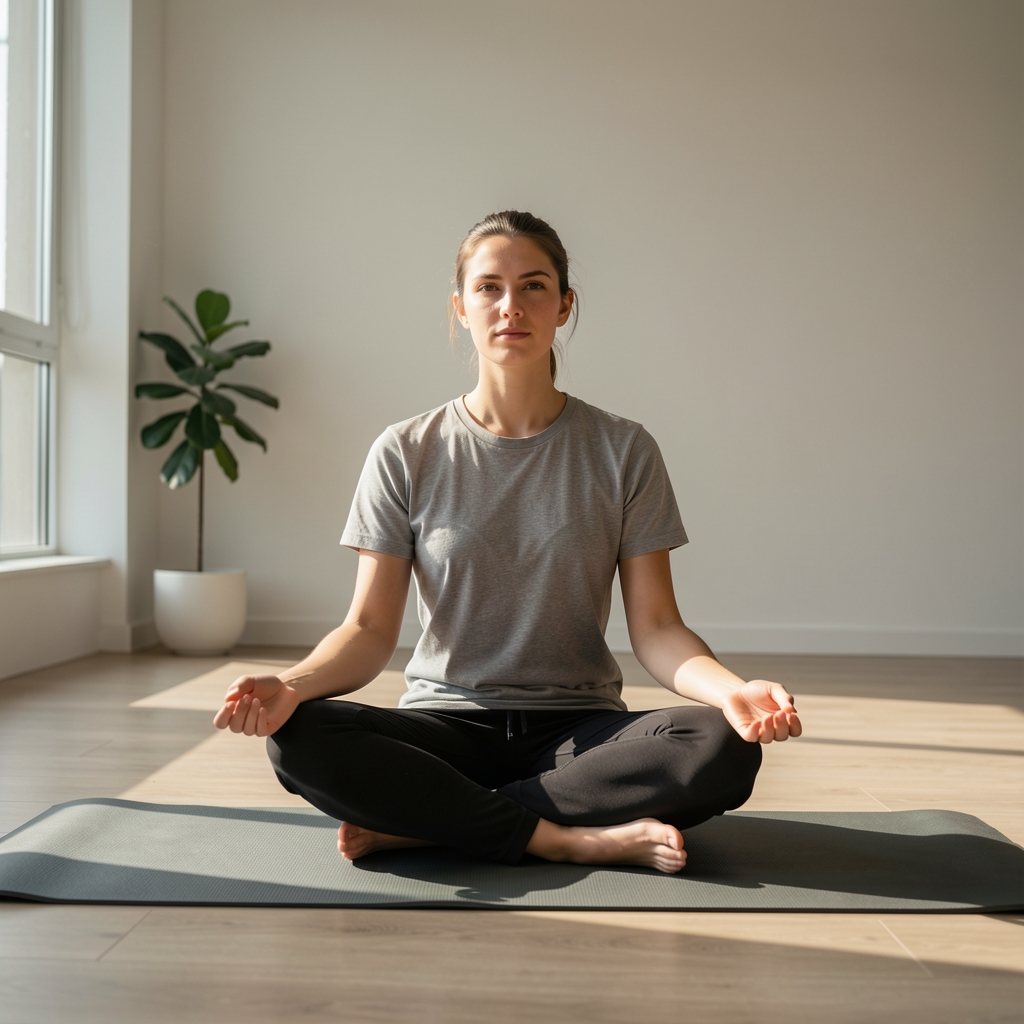 A person sitting cross-legged on a yoga mat in early morning light in a minimalist home studio space, looking calm and focused