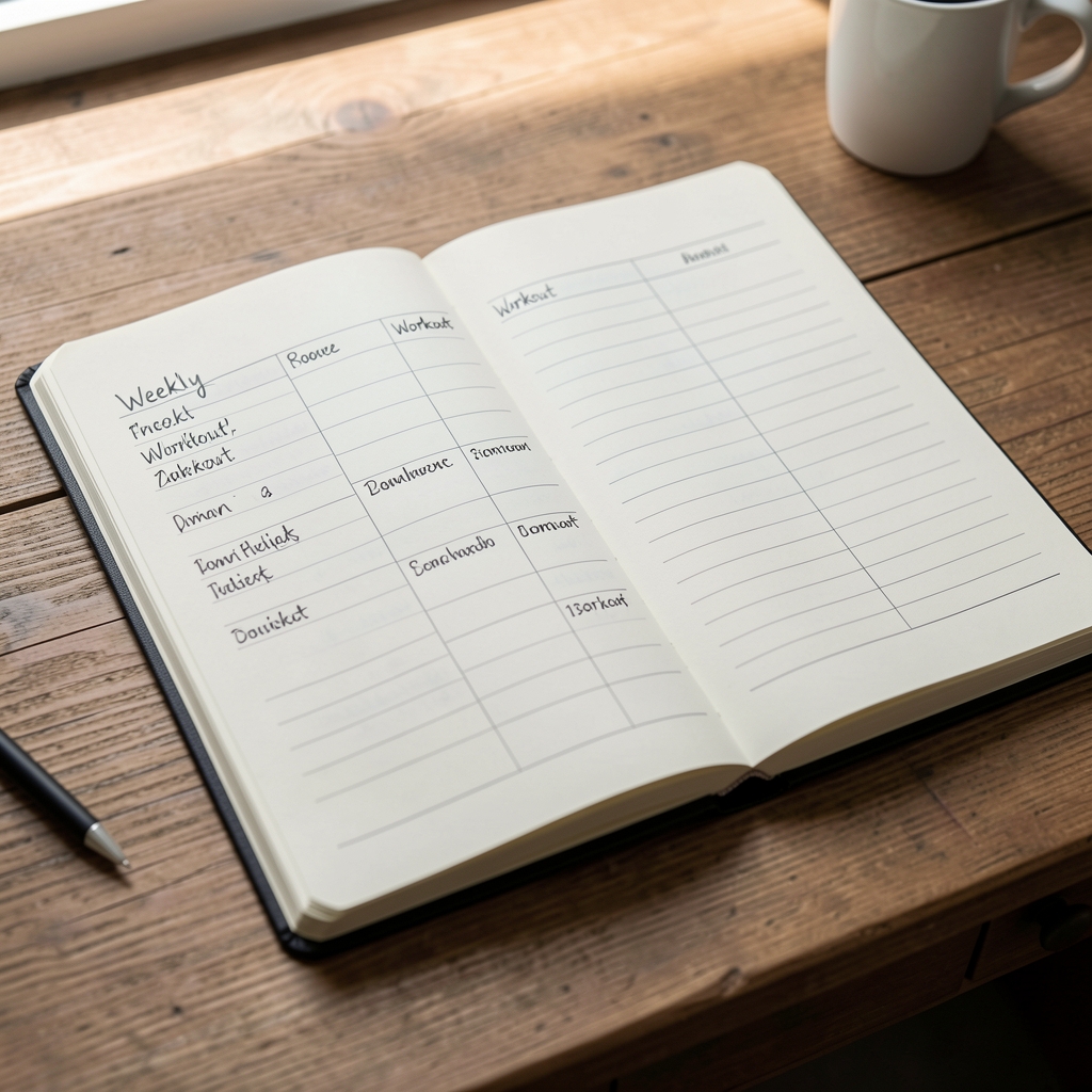 A clean open notebook with a structured weekly workout schedule written in neat handwriting, resting on a wooden desk with natural light