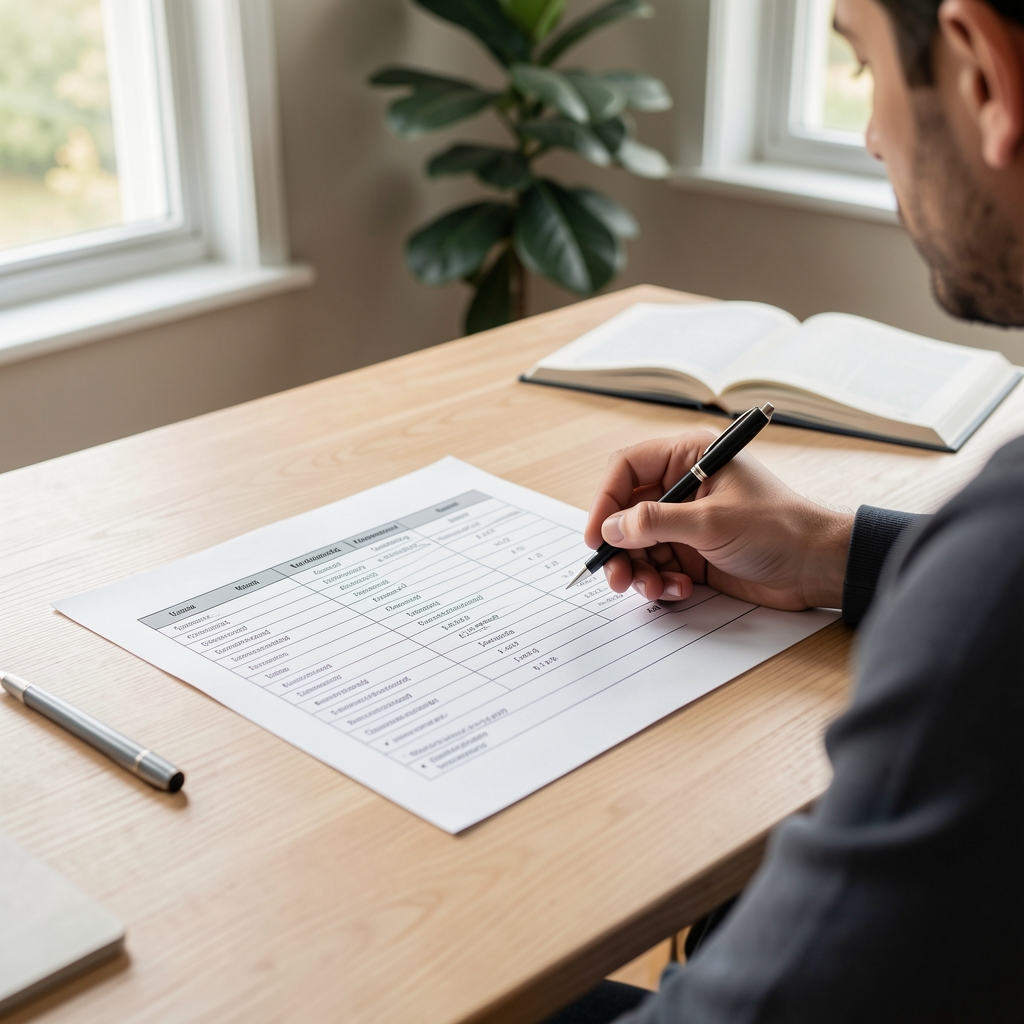 A person reviewing a printed workout plan laid out on a light wooden table in a well-lit home workspace, pen in hand