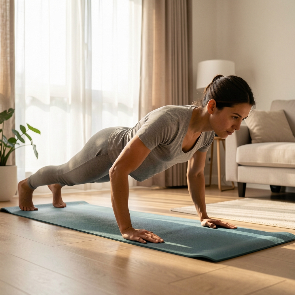 Person doing a push-up variation on a yoga mat in a tidy home environment with soft morning light through curtains