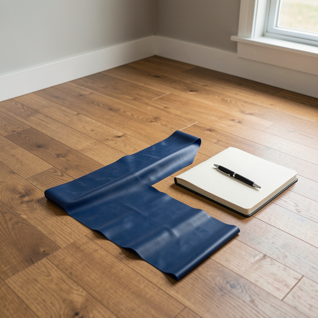 Resistance bands laid flat on a wooden floor next to a journal and pen in a home fitness corner