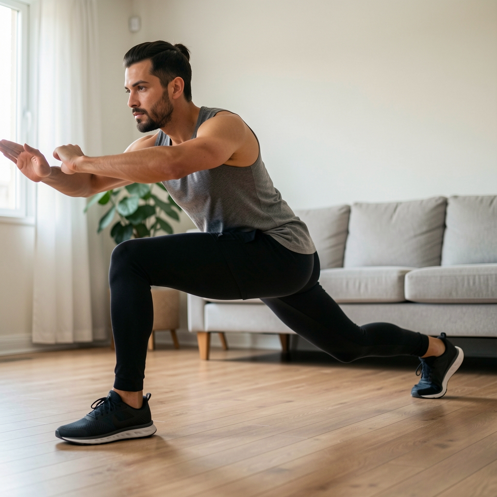 Person performing a controlled bodyweight lunge in a living room with light walls and wooden floor, viewed from a low side angle with deliberate depth of field