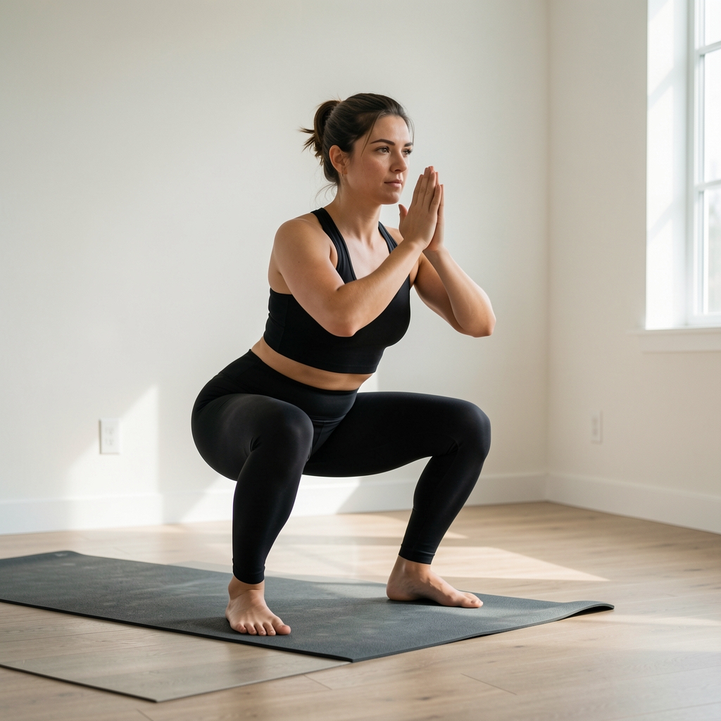 Person in a controlled bodyweight squat position on a yoga mat in a home setting with clean walls and natural daylight