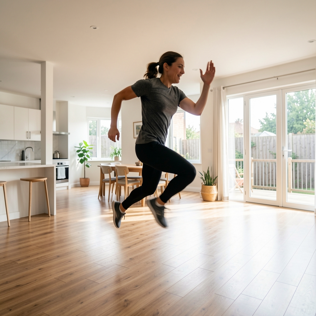 Person mid-jump in a home cardio session, photographed with a slight motion blur to convey energy, in a large bright open-plan room with wooden floor