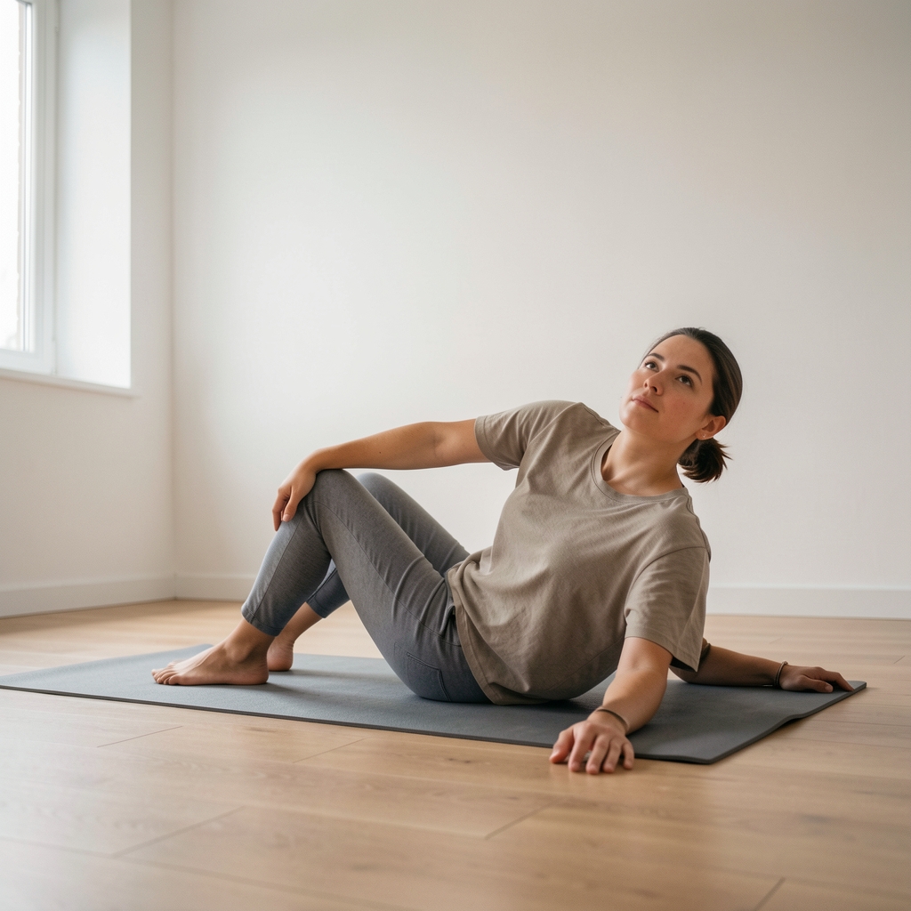 Person seated on a yoga mat performing a spinal rotation stretch in a minimalist home space, viewed from a low angle with soft ambient lighting