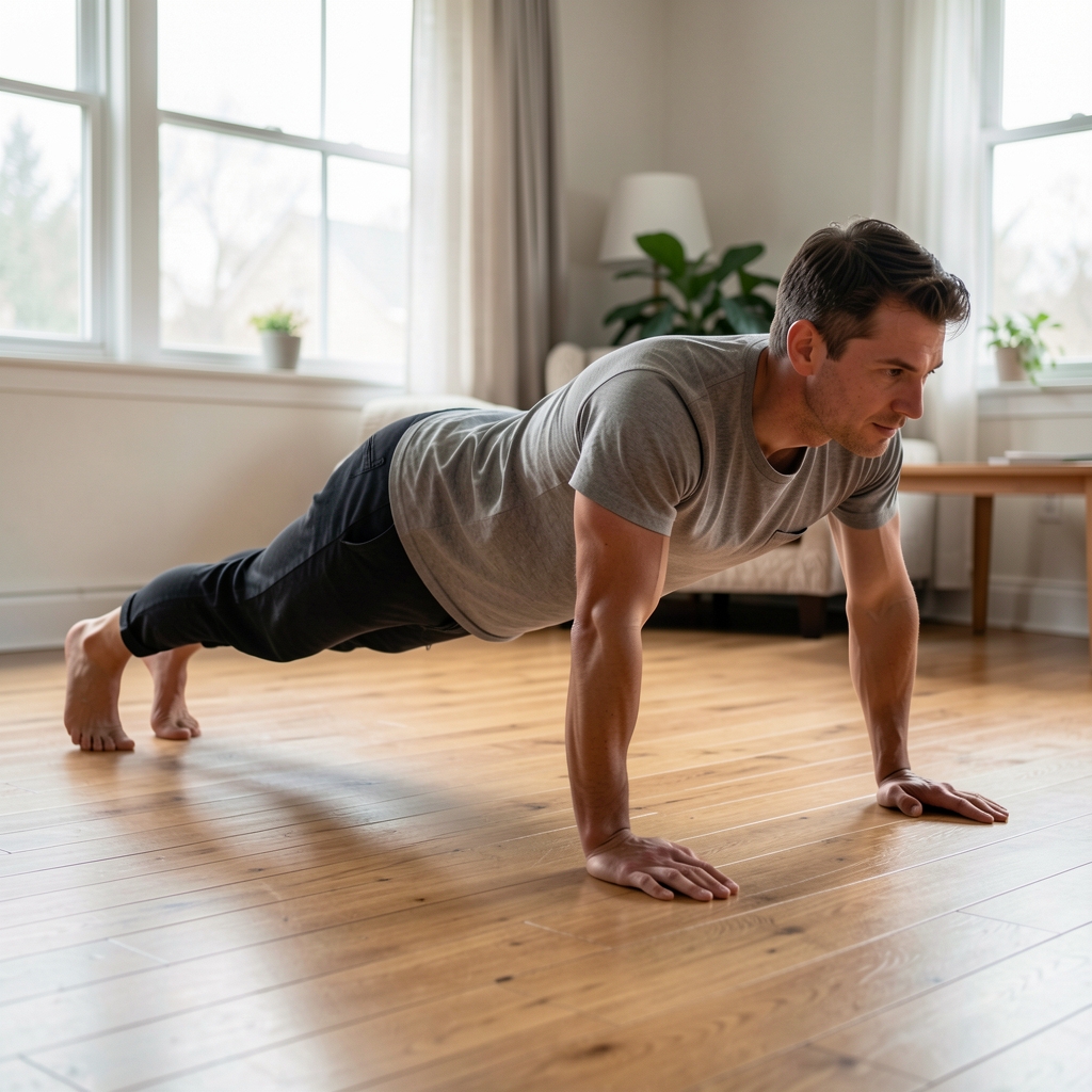 Person in a controlled, slow push-up position on a wooden floor at home, viewed from a side angle with emphasis on alignment and posture