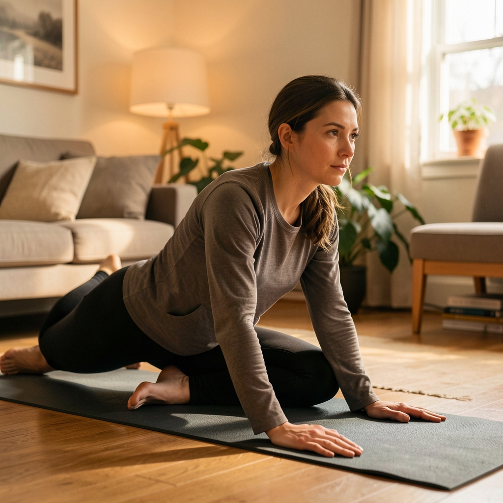 Person in a deep hip flexor stretch position on a yoga mat in a warmly lit home interior, looking calm and focused, shot from a medium distance