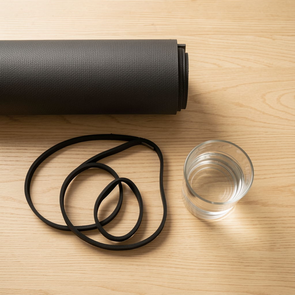 A simple flat-lay photograph on a light wooden surface showing a rolled yoga mat, a single resistance band loop, and a glass of water, arranged neatly